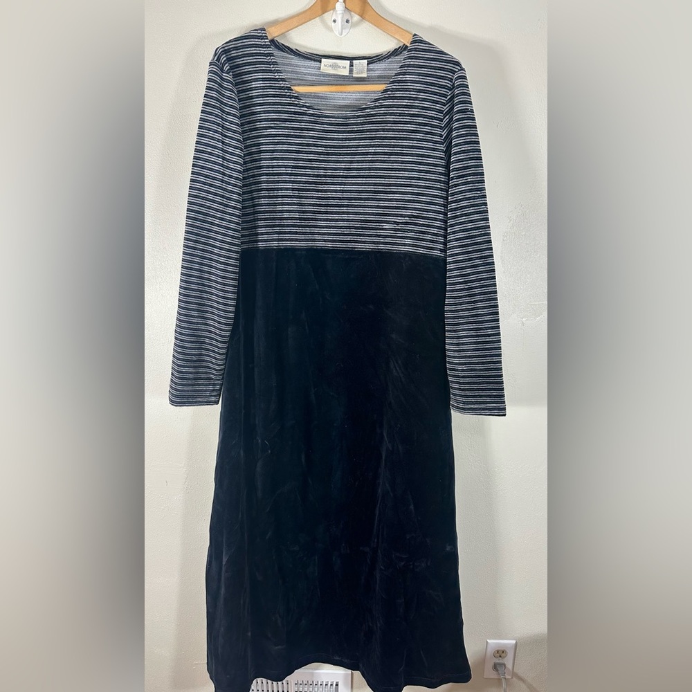 Vintage Large Nordstrom Black Grey Stripe 90s Velvet Long Sleeve Y2K Dress L